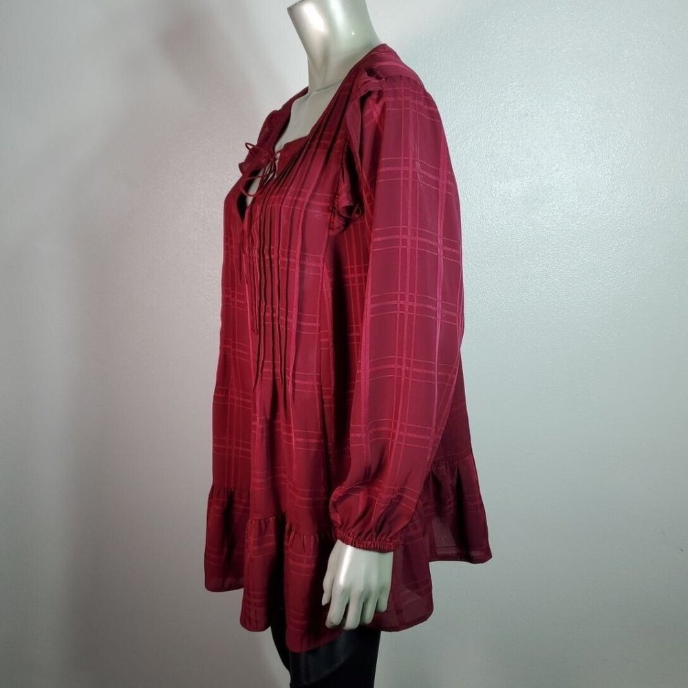 Lane Bryant Peasant Top Plus Size 14/16 Ruffle Pleated Long Sleeve Tie Neck Red - Picture 3 of 6